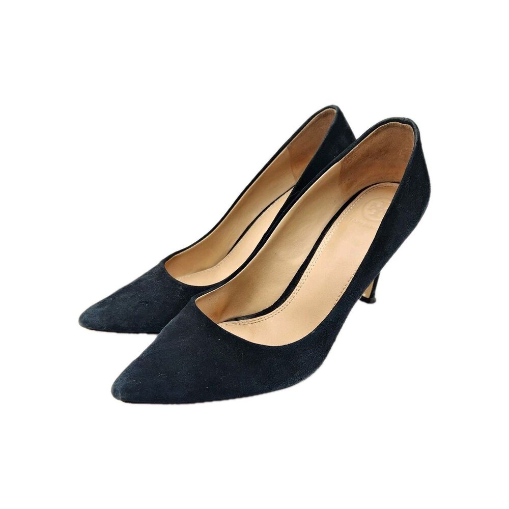 Tory Burch Lanette Black Suede Heels Gold Double T Accent Stiletto 8M Minimalist